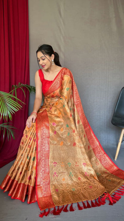 Golden Organza Tissue Silk Saree with Contrast Red Zari Border & Rich Brocade Pallu