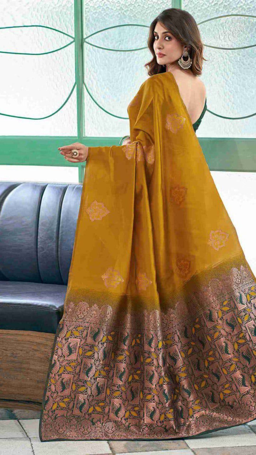 Mustard Yellow Soft Lichi Silk Saree with Rich Jacquard Pallu & Contrast Blouse