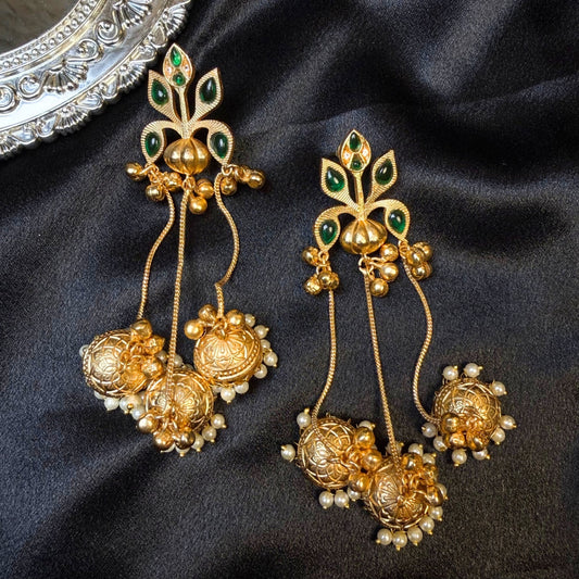Traditional Kashmiri Jhumka Earrings Gold-Plated Long Dangler Earrings with  Green  Pearl Drops