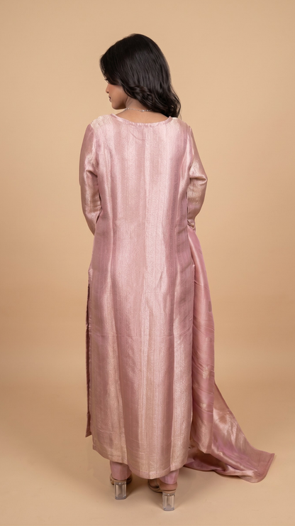 Premium Rose Gold Shimmer Straight Kurta With Pant & Dupatta Set
