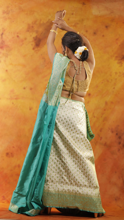 Sea Green and Cream all Jaal Zari Art Work Handloom Katan Pure Silk Saree