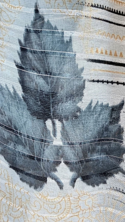 Grey Printed Synthetic Saree with Leaf Print