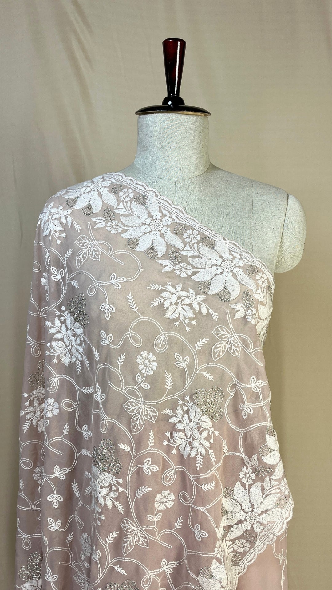 Elegant light pink chikankari Saree with White Floral Embroidery