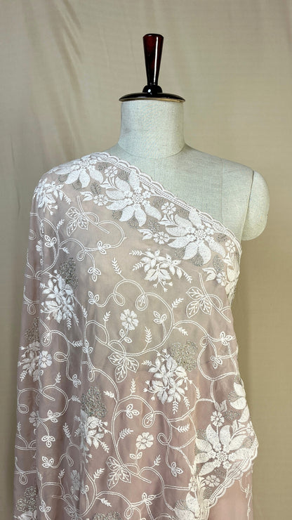 Elegant light pink chikankari Saree with White Floral Embroidery