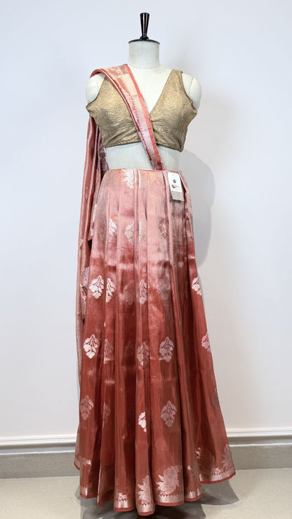 Dusty Rose Cotton Tissue Saree with Floral Buti Design