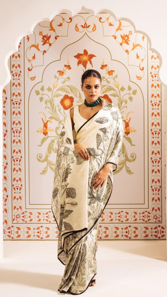 Ivory Digital Print Original Japan Satin Saree with Digital Print Blouse