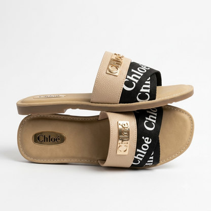 Women’s Beige & Black Printed Slip-On Flat Sandals