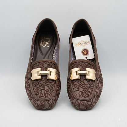 Handcrafted Brown Jacquard Flat Slip-On Shoes with Gold Buckle