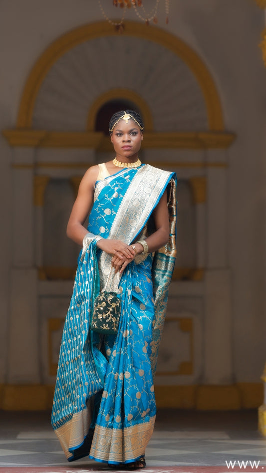 Light Blue Katan Silk Banarasi Saree with Silver Zari