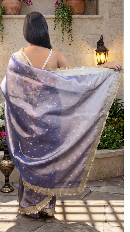 Lavender Tissue Silk Saree with Elegant Golden Lace Border
