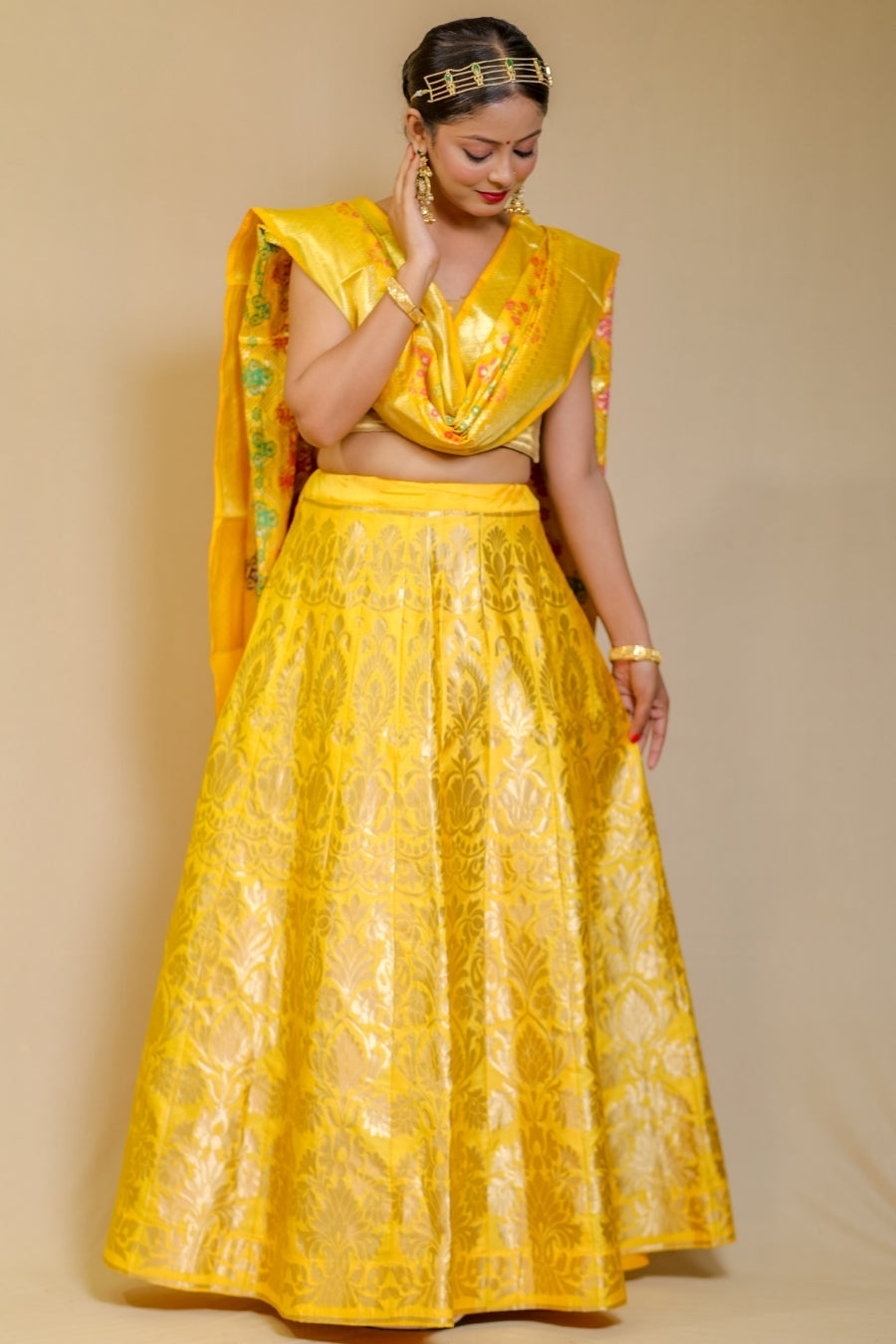 Radiant Marigold Yellow Banarashe Pure  Silk Lehenga Set