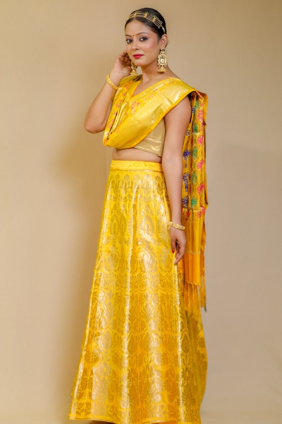 Radiant Marigold Yellow Banarashe Pure  Silk Lehenga Set