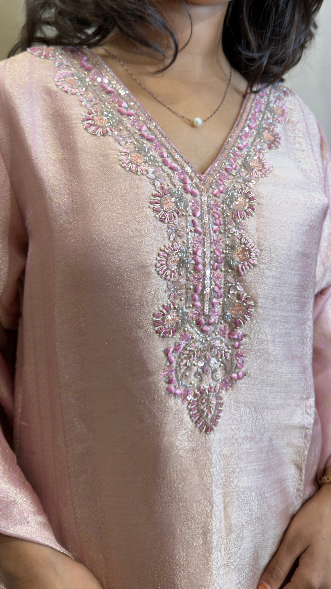Premium Rose Gold Shimmer Straight Kurta With Pant & Dupatta Set