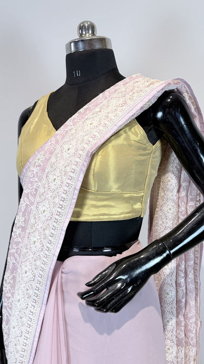 Blush Pink Semi Chikankari Saree for Women with Floral Embroidery