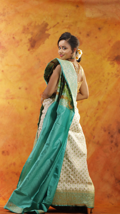 Sea Green and Cream all Jaal Zari Art Work Handloom Katan Pure Silk Saree