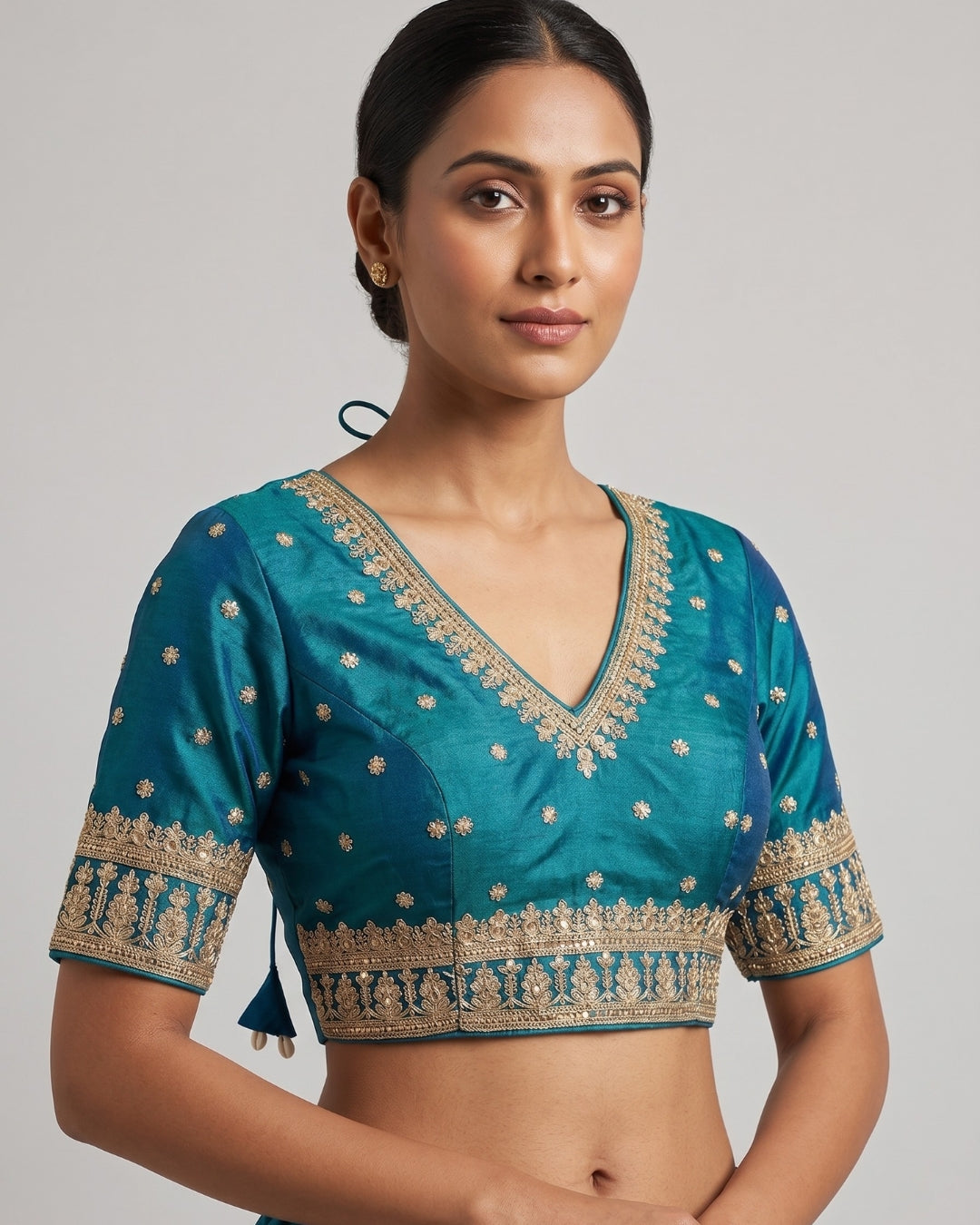 Teal Silk Blouse with Gold Zari & Sequin Embroidery