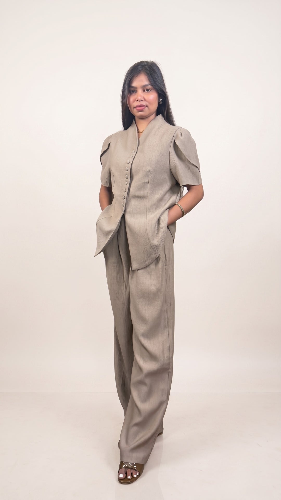 Banarashe Chic Warm Grey Button-Front Co-Ord Set with Tulip Sleeves