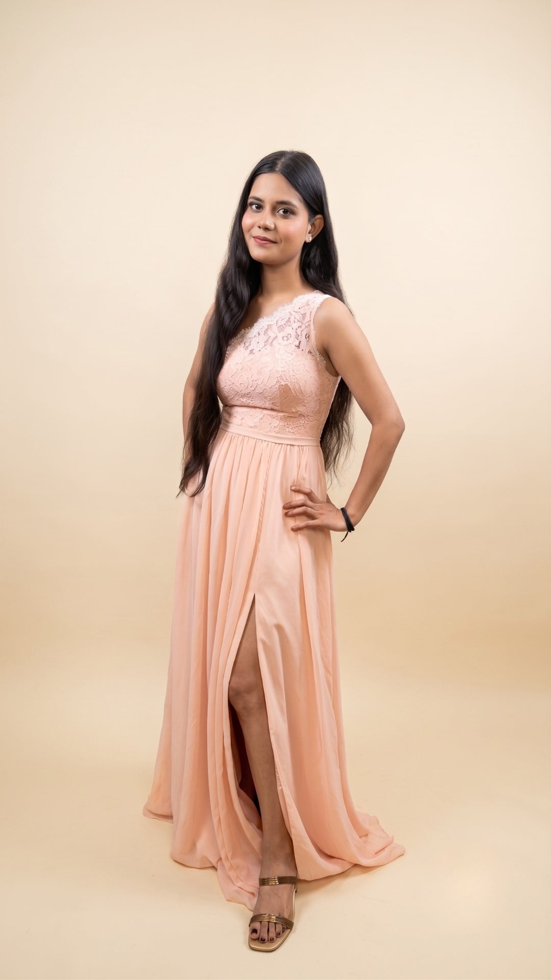 Banarashe Women’s Peach One-Shoulder Lace Maxi Dress