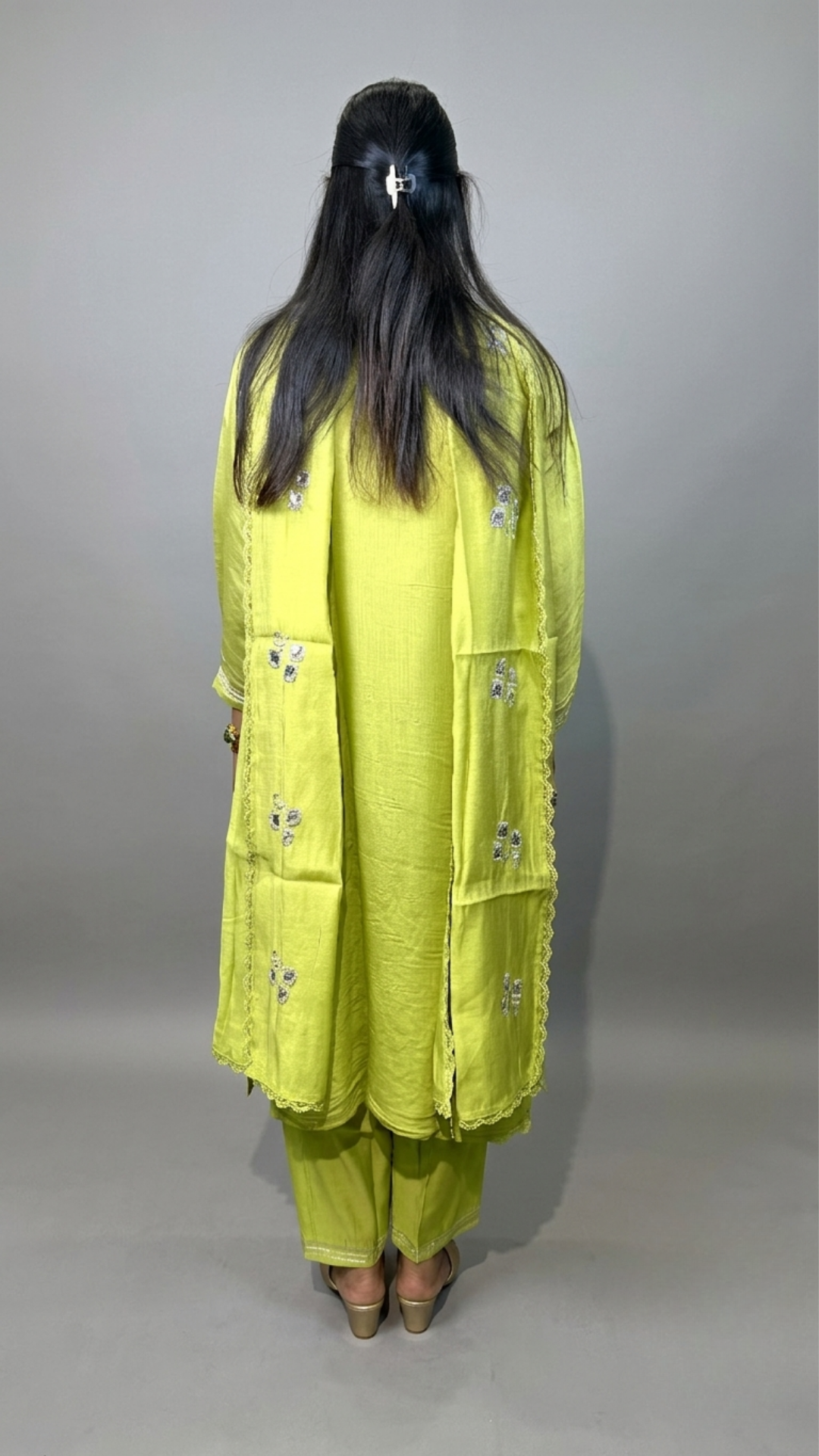 BanaraShe Lime Yellow Embroidered Chanderi Cotton Straight Suit Set With Dupatta