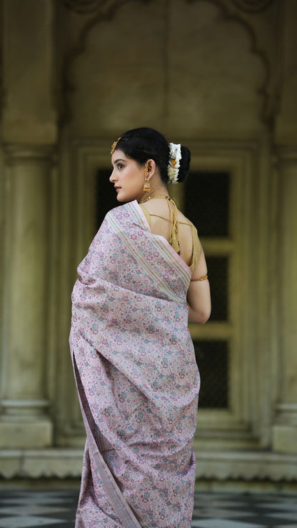 Pure Silk Handloom Dohri Tanchoi Zari Booti Saree – Lavender Grey