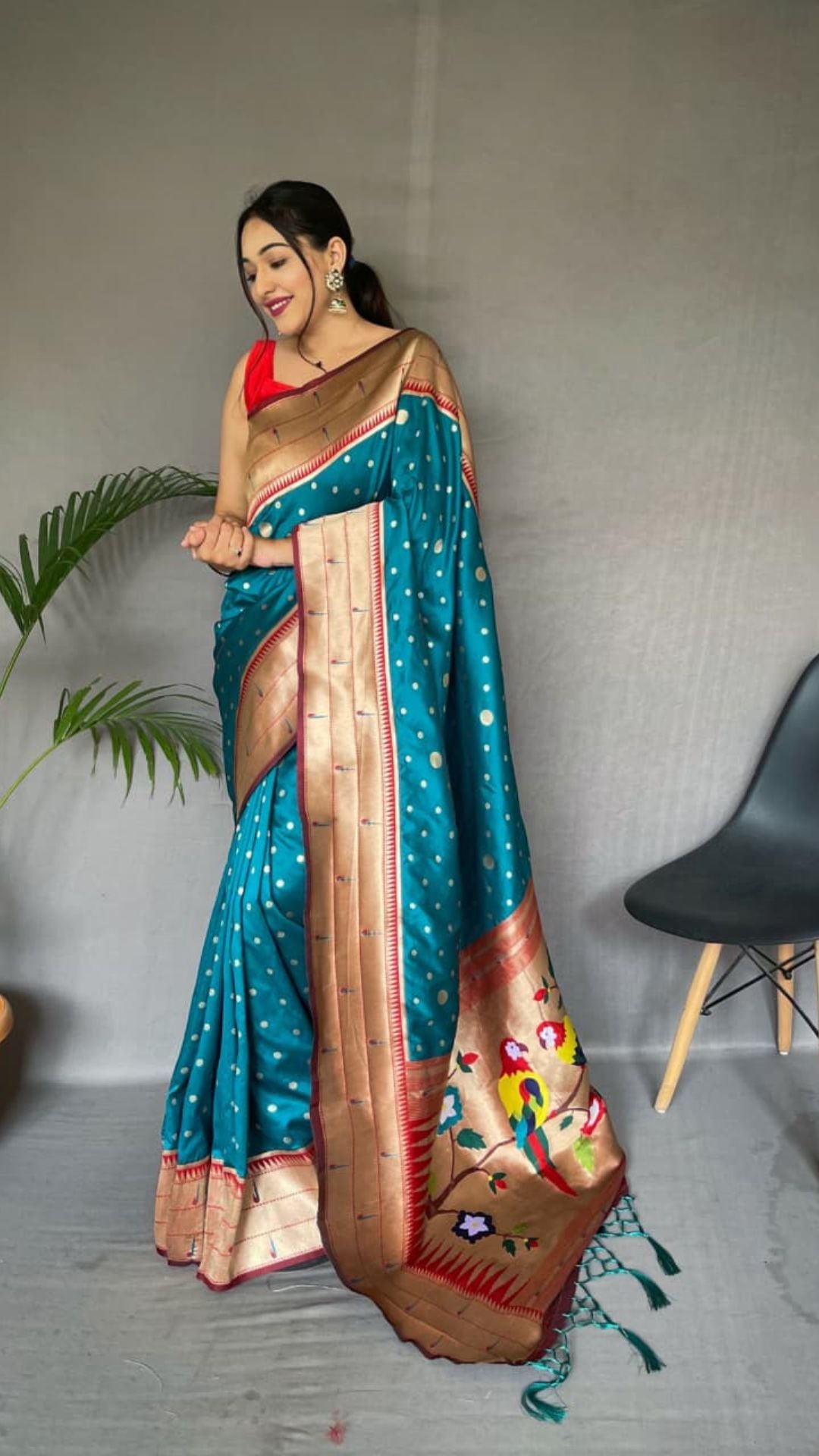 Teal Blue & Gold Polka Paithani Soft Silk Saree with Rich Woven Pallu & Tassels