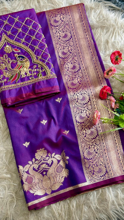 Royal Wine Paithani Silk Saree with Peacock Motifs & Aari Work Blouse