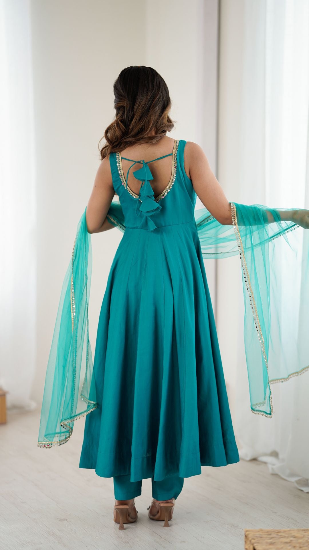 Rama Green Chanderi Silk Anarkali Suit with Dupatta for Women