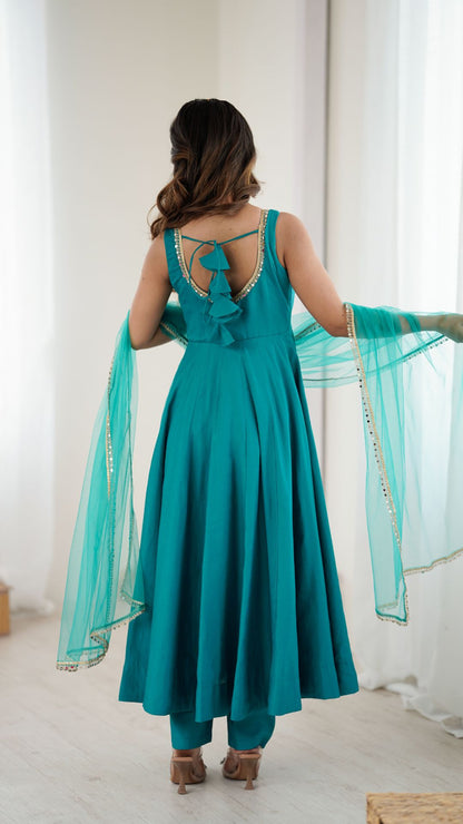 Rama Green Chanderi Silk Anarkali Suit with Dupatta for Women
