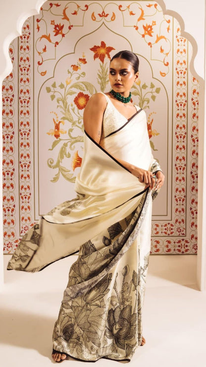Ivory Digital Print Original Japan Satin Saree with Digital Print Blouse
