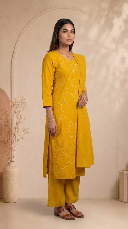 Banarashe Mustard Embroidered Silk Blend Straight Suit Set With Dupatta