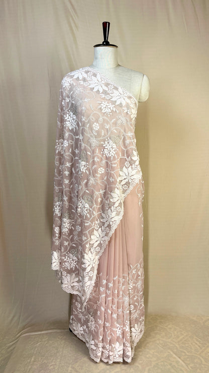 Elegant light pink chikankari Saree with White Floral Embroidery