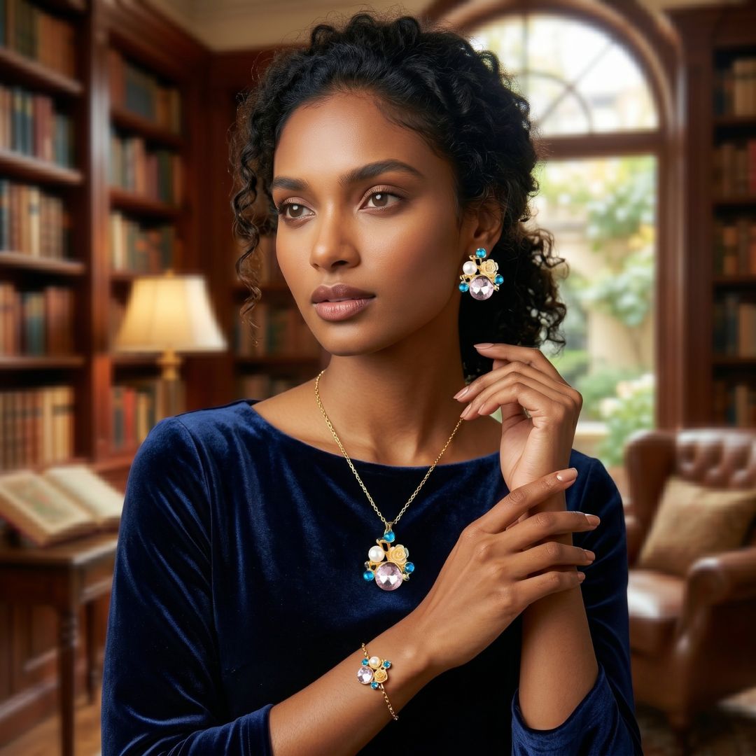 Pastel Blossom Gold-Plated Pendant Set with Earrings