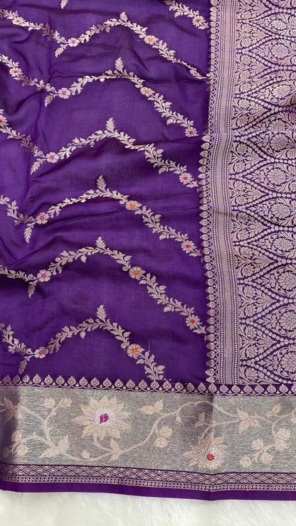 Royal Blue Semi Chiffon Banarasi Saree with Meenakari Zari Border
