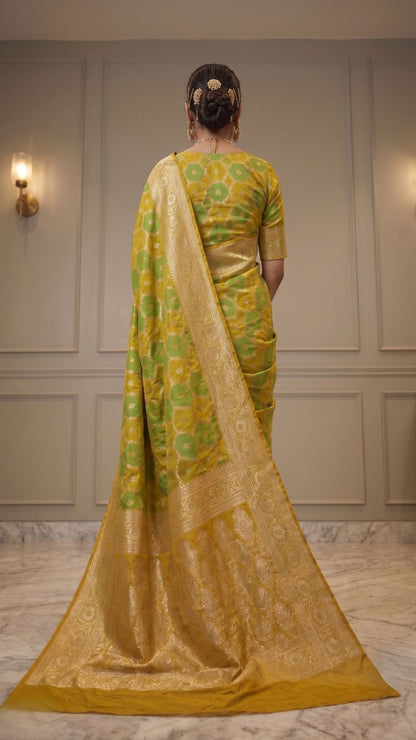 Banarashe Green & Mustard Yellow Mashru Silk Saree with Intricate Floral Woven Motifs & Rich Zari Border