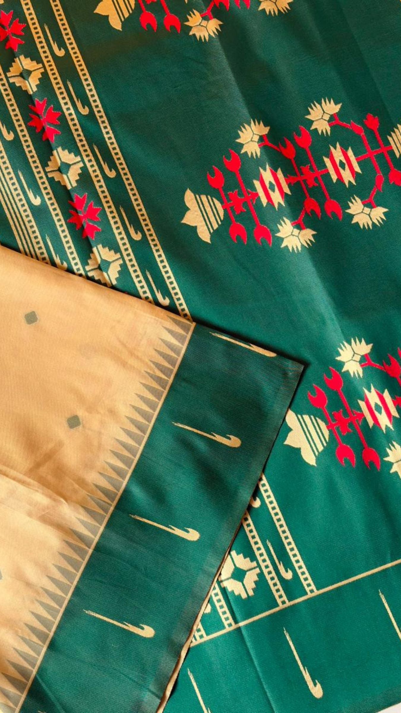 Cream & Mustard Silk Saree with Traditional Dark Green Zari Pallu