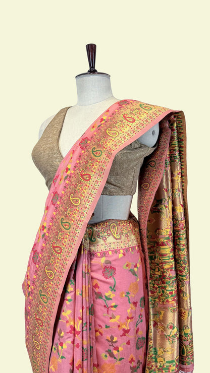 Pink Banarasi Cotton Saree with Meenakari Weaving