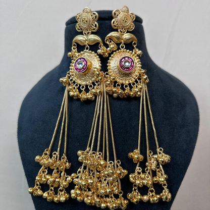 Banarashe Floral Cascade Earrings  Red Gemstone Temple Danglers