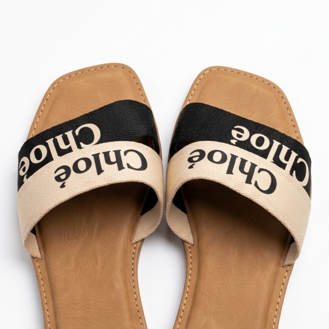 Women’s Beige & Black Printed Slip-On Flat Sandals