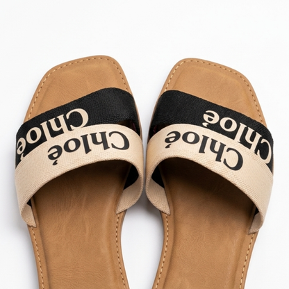 Women’s Beige & Black Printed Slip-On Flat Sandals
