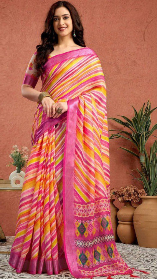 Vibrant Linen Cotton Saree with Zari Border