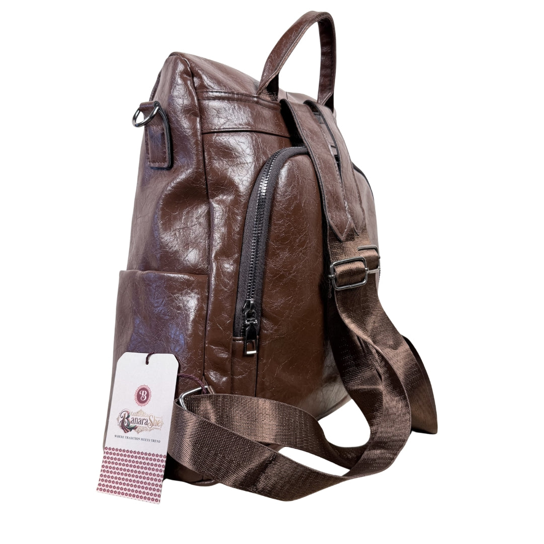 Premium Coffee Brown Leatherette Backpack for Women