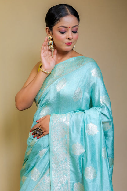 Banarashe Sky Blue Designer Mercerised Banarasi Kataan Monica Silk