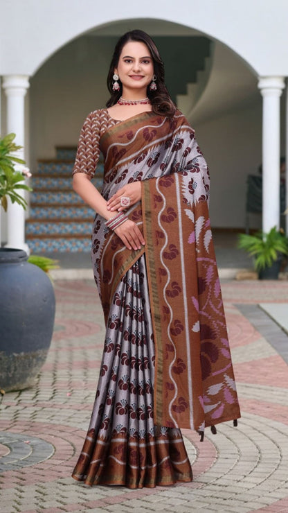 Elegant Grey & Brown Mal Cotton Saree with Woven Floral Design & Rich Pallu