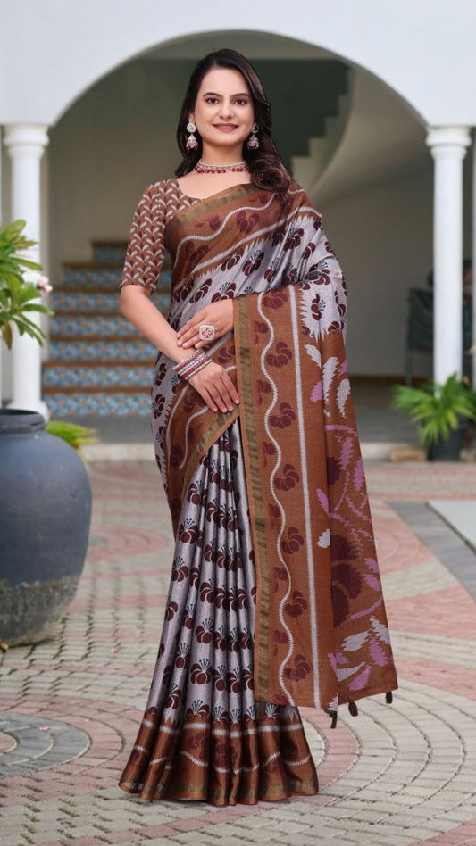 Elegant Grey & Brown Mal Cotton Saree with Woven Floral Design & Rich Pallu