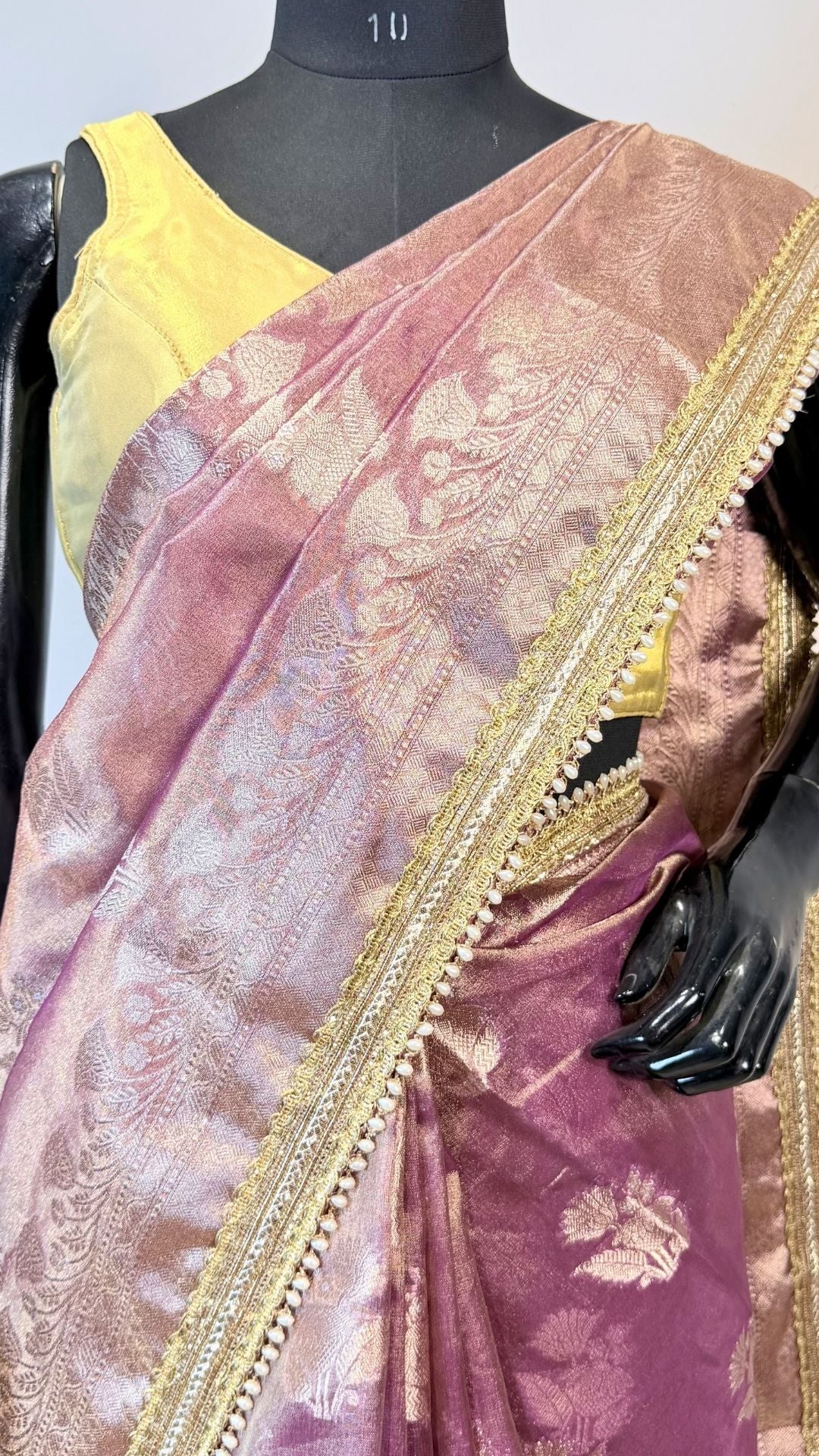 Dual-Tone Lavender Pink Zari Buta Tissue Saree with Moti Lace Border