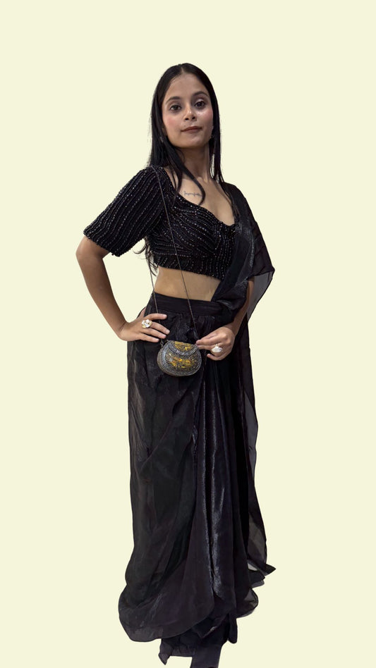 Black Designer Draped Saree with Embellished Blouse