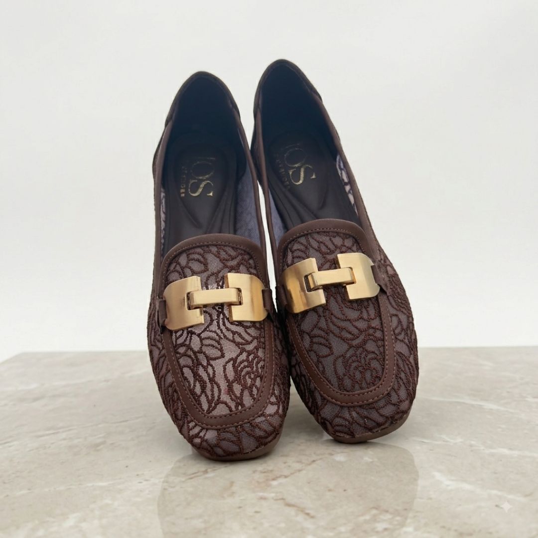 Handcrafted Brown Jacquard Flat Slip-On Shoes with Gold Buckle