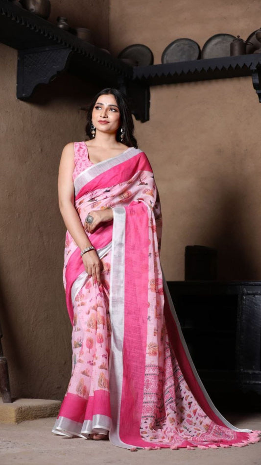 Floral Tree Print Linen Cotton Saree in Blush Pink with Zari Border