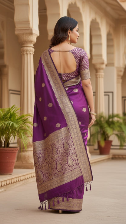 Banarashe Luxurious Royal Purple Banarasi Silk Saree with Gold Zari Paisley Pallu