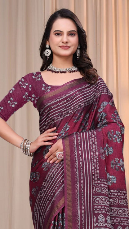 Elegant Wine Mal Cotton Saree with Designer Blouse Piece
